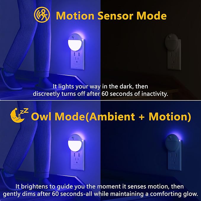 2 Pack Plug in Night Light with Motion Sensor and Dusk to Dawn Sensor, Stepless Dimming, Blue LED Nightlight with 3 Lighting Ways for Bathroom, Bedroom, for Girls, Boys, Adults