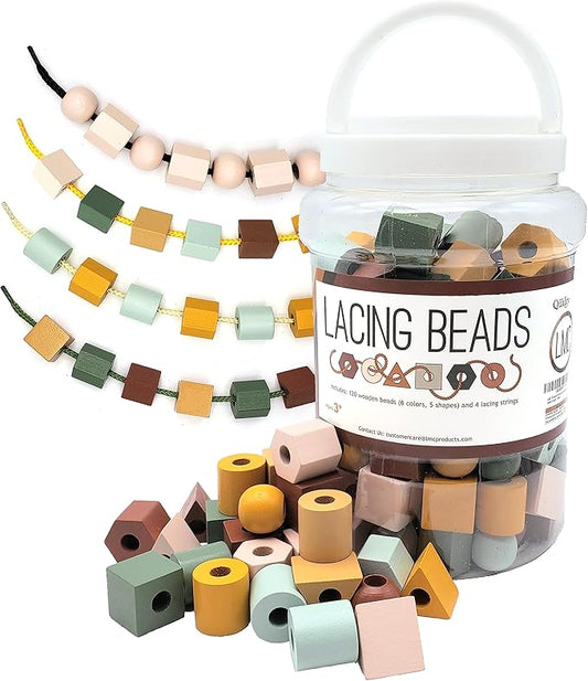 Wooden Lacing Beads & Strings 125 Pieces, Fine Motor Skills Toys for 3 Year Old, Boho Colors