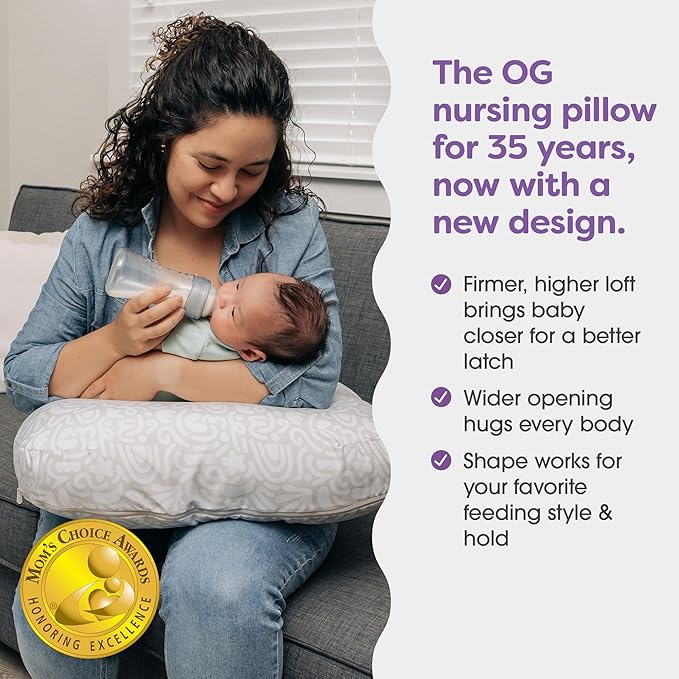 Boppy Nursing Pillow - Ergonomic Bottle & Breastfeeding Pillow with High, Firm, Large Area, Water-Repellent Cushion with Washable Cover; Baby Safety Alliance Verified - Cream Retro Squiggles