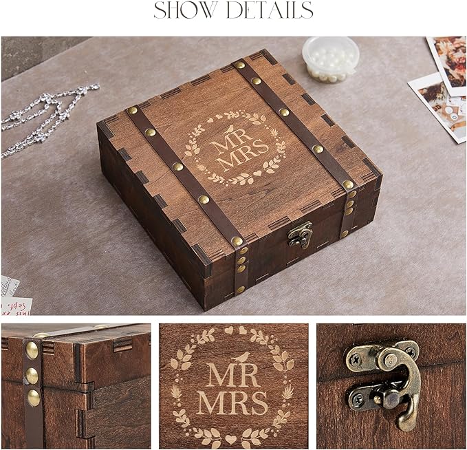 AW BRIDAL Mr and Mrs Wedding Keepsake Box for Couples, Wooden Memory Boxes with Lids, Bridal Shower Gifts for Bride Bachelorette Party, 2025 Engagement Gift for Newlyweds and Marriage Couple