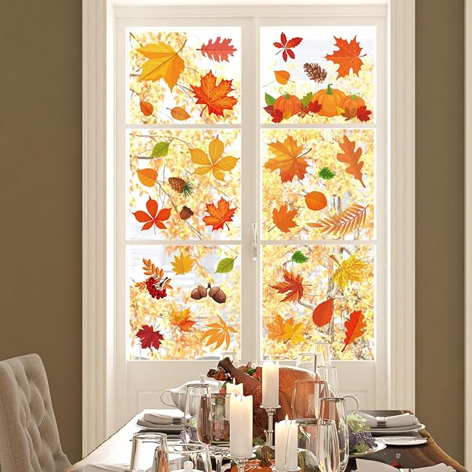 Whaline 124Pcs Fall Window Clings Colorful Maple Leaves Pumpkin Pine Reusable Window Decals for Autumn Thanksgiving Harvest Party Seasonal Holiday Home School Supplies