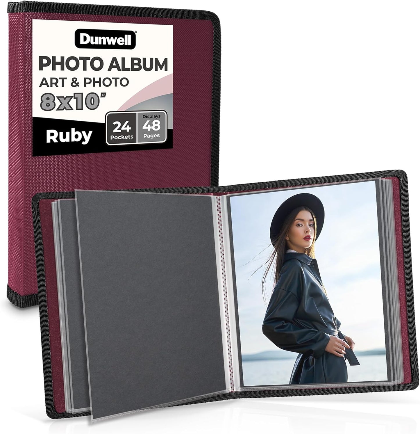Dunwell Photo Album 8x10 (Ruby) with Black Mounting Paper, 8 x 10 Photo & Art Portfolio Presentation Book, 24 Clear Sleeves, Each Shows 48 Pages, Professional Photography Book for Pictures, Artwork