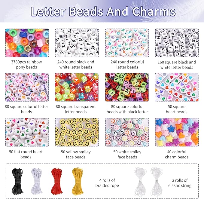 QUEFE 4900pcs Pony Beads Kandi Bracelet Kit, Friendship Bracelet Making Kit with 84 Colors Kandi Beads, Hair Beads and Letter Heart for Craft Gifts Bracelets Jewelry Making with Elastic Strings