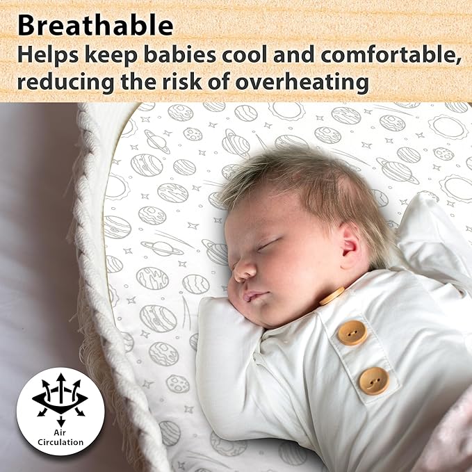 Bassinet Sheets Boy – 2-Pack Soft Fitted Bassinet Sheets, Organic Cotton, Breathable & Cozy, Fits 32x16x4 Inch Rectangle, Oval & Hourglass Mattresses (Grey)