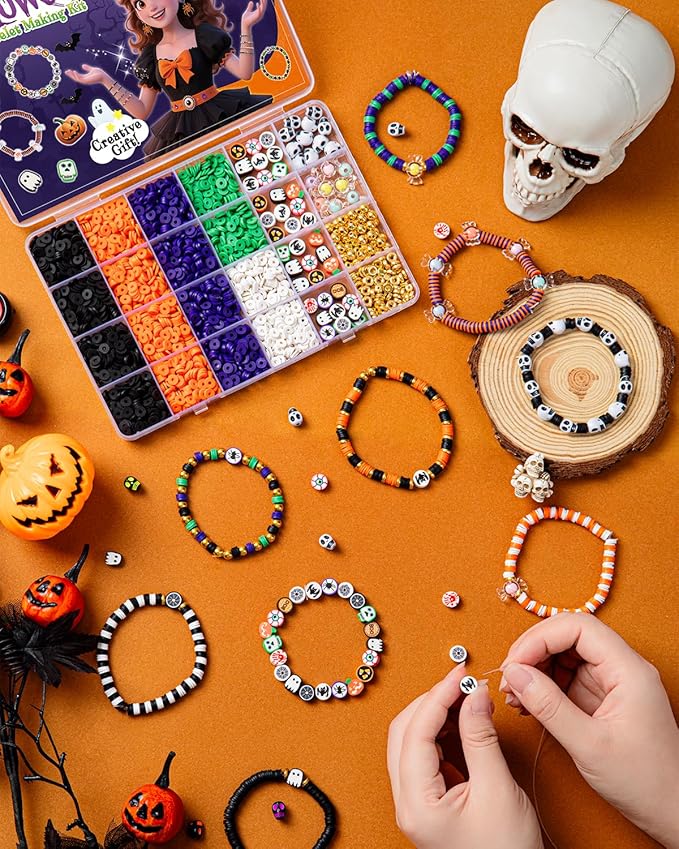 Taybonds Halloween Clay Beads Friendship Bracelet Making Kit for Kids, Jewelry Making Kit with Polymer Clay Charms and Skull for Bracelets, Gifts for Age6+