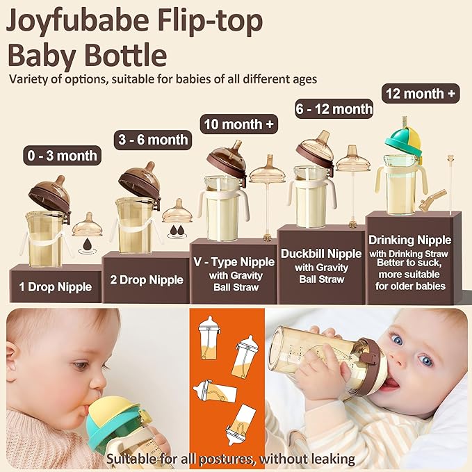 PPSU Baby Bottle, Bottles for Breastfed Babies with Handles and Straw, Flip-top Anti-Colic Baby Bottles 8oz/240mL 10+ Months