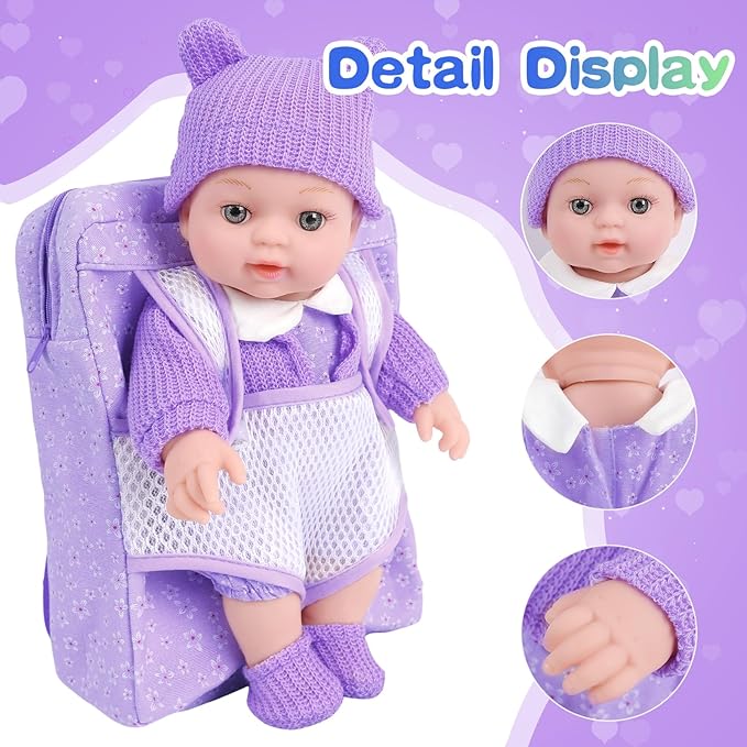 ZNTWEI 12 Inch Backpack Baby Doll Playset with Washable Dolls and Accessories Includes Backpack, Bottles, Nipple, Blankets, Hats, Clothes, Socks First Baby Dolls for Toddlers 3 Years and Up