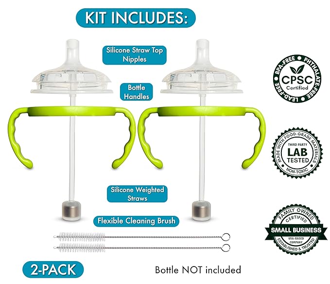 Straw Cup Conversion Kit for Comotomo Baby Bottles 2-Count, Food Grade Silicone Straw Nipples, All Silicone Weighted Straw, Bottle Handles and Cleaning Brush, BPA Free, 6+ Months (Straw Top, Green)