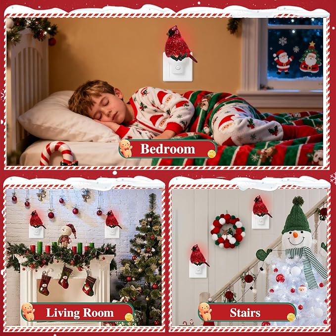 Christmas Cardinal Night Light Plug into Wall Glitter Water Nightlight with USB/Outlet Options, Christmas Decorative Nightlight for Bedroom Kitchen Nursery Hallway Holiday Decorations Gifts (Cardinal)