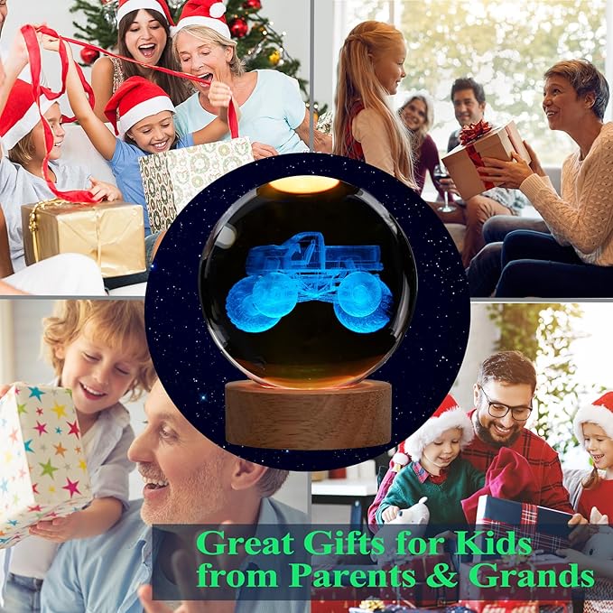 Monster Truck Night Light, Monster Truck Gifts, 3D Crystal Ball Night Light with Remote Upgraded 3.15 Inch Lamps with 16 Color for Birthday Xmas Cool Figurines Gifts for Room Decor Boys Girls