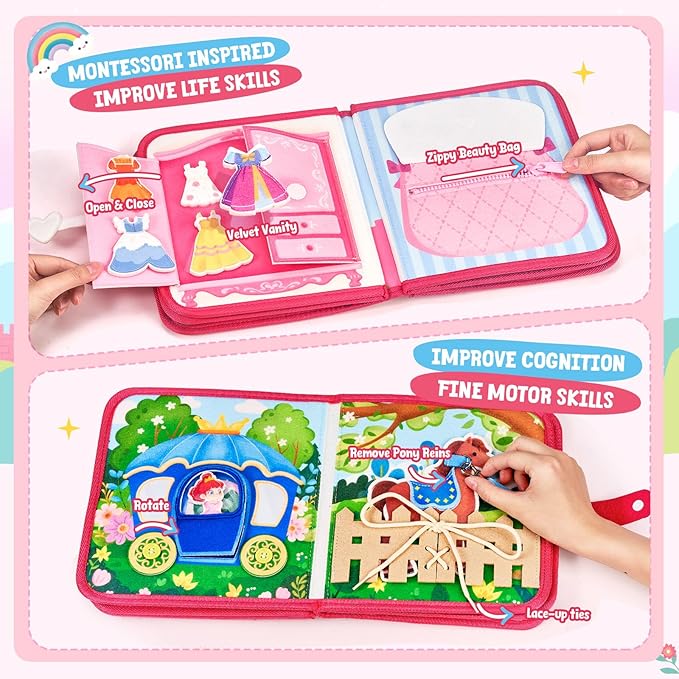 JoyCat Travel Toys for Toddlers 1-3, Princess Busy Book – Busy Book for 1 Year Old, Dress-Up, Unicorn & Castle Play –Quiet Toy Fine Motor Skills, Birthday Gift Girls