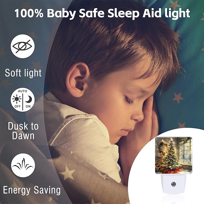 Christma Room Full of Gifts Night Light, Christmas Tree with Red and Gold Ornaments Dusk to Dawn Night Light Plug in, 0.5w Energy Saving Sleep Friendly NightLight for Kids Boys Girls Home Decor