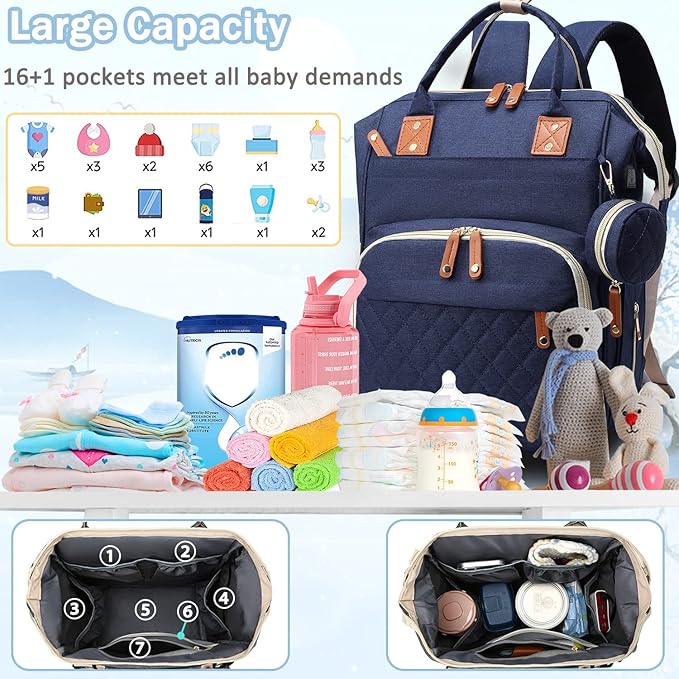 Diaper Bag Backpack Baby Bag, Baby Girl Boy Diaper Bag for Dad Mom with Pad, 16 Pockets, Pacifier Case, Large Diaper Bags Unisex for Travel (Blue)