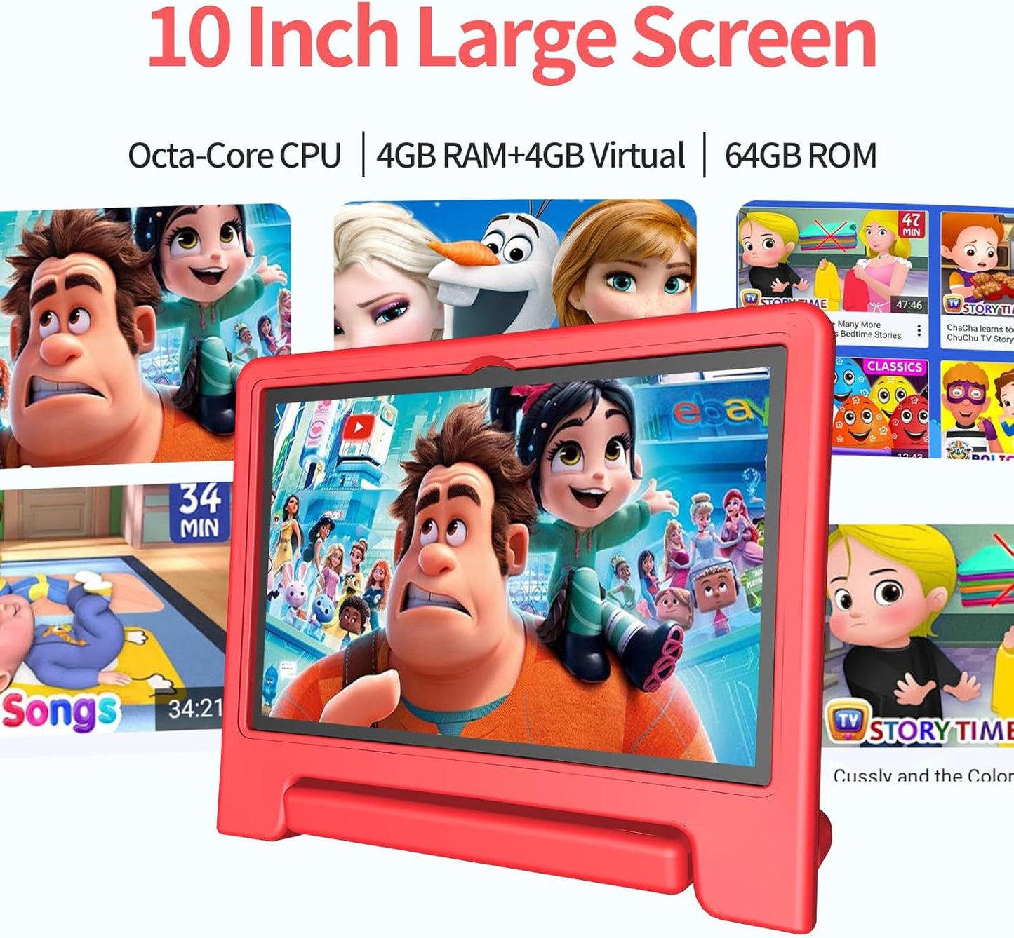 JREN Tablet for Kids｜10 Inch Kids Tablet Android 14｜Octa-core｜64GB｜WiFi ｜Bluetooth｜Parental Control｜Children Content｜Children Toddler Red