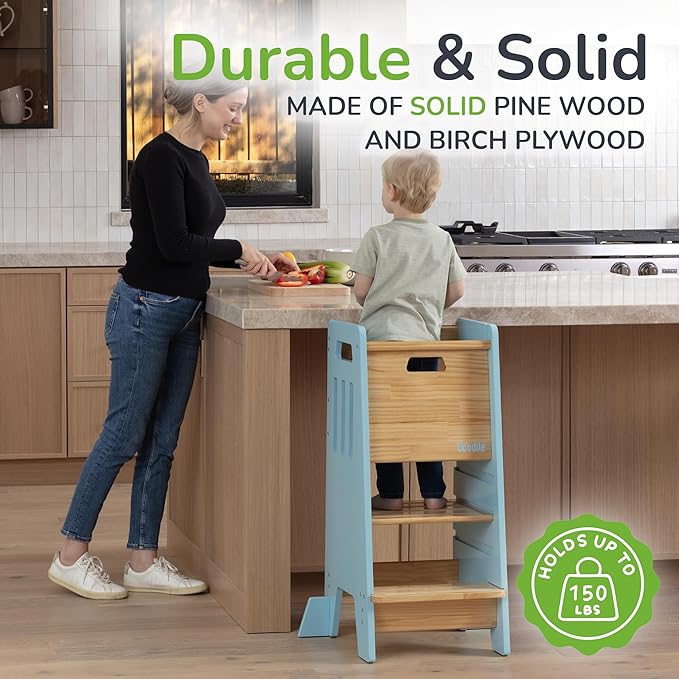 Toddler Tower with a Sliding Door and 3 Adjustable Heights - Complete Toddler Kitchen Stool Helper with Support Feet - Safe Design for 18+ Months to 6-Year-Old Kids - Blue