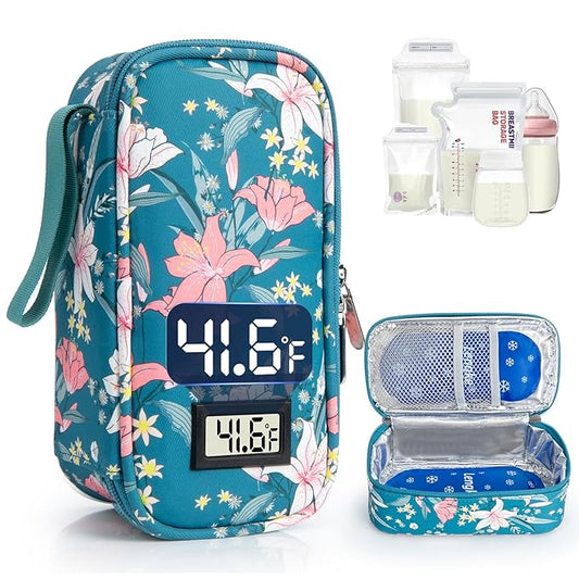 Breast Milk Cooler Travel Bag, Real-Time Temperature Display, Holds 4-6 Breastmilk Storage Bag with 2 Breast Milk Ice Pack, Cooling & Waterproof Portable Cooler for Moms on The Go(Lily)