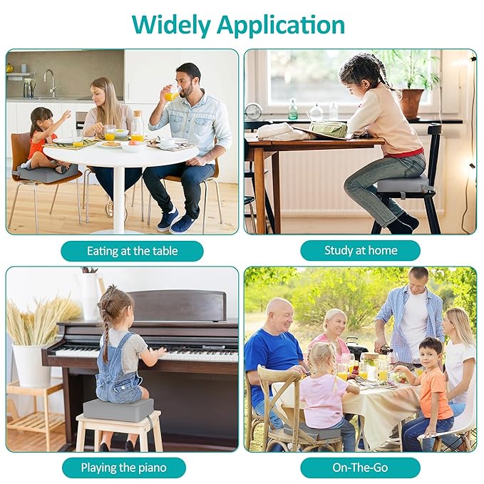 Toddler Booster Seat for Dining Table, Stronger Support Non-Slip Bottom Booster Seat for Kitchen Chair 2 Adjustable Straps Portable Travel and Home Increasing Booster Cushion Kid Baby(Grey)