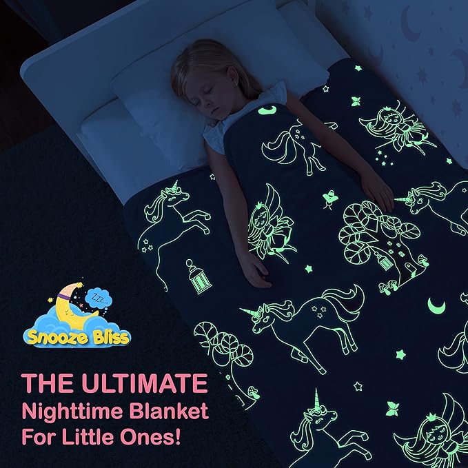 Glow in The Dark Unicorn Blanket for Girls – Soft Pink Fleece Throw. Great Christmas, Birthday, Baby, Toddler Unicorn Gifts for Girls, Fairy, Butterfly, Stars. Bright Long-Last Glow