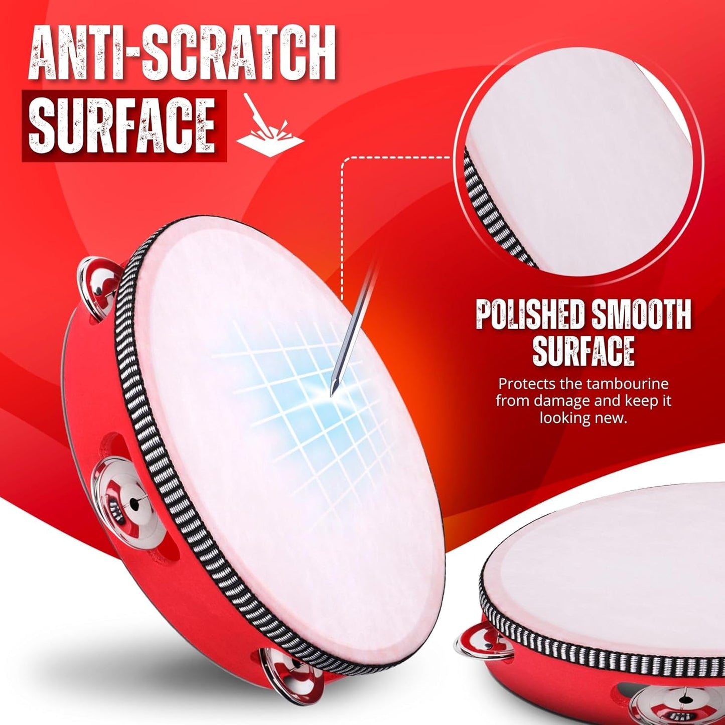 Flexzion Wood Handheld Tambourines - 8 and 6 Inch Set of 2 Pack, with Single Row Metal Jingle Bell (Red) Hand Held Tambourine Percussion Drum Moon Musical Instrument