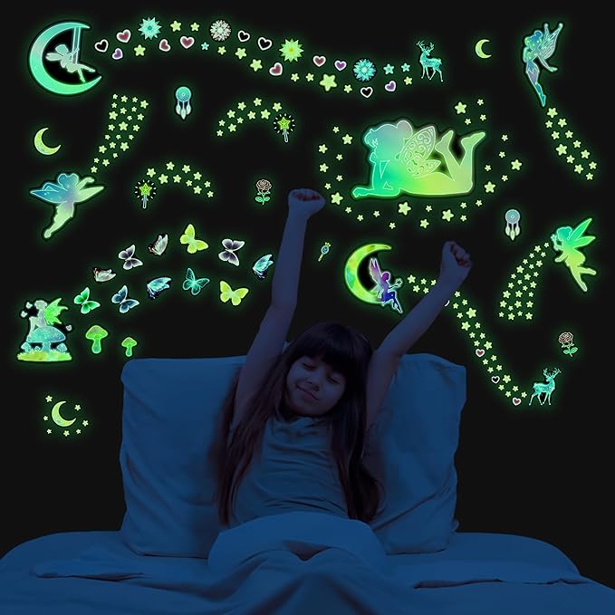 Glow in The Dark Fairy Star Wall Stickers, Neon Fantasy Elf Butterfly Wall Decal for Girls Room, Baby Girl Boy Bedroom Ceiling Nursery Decoration