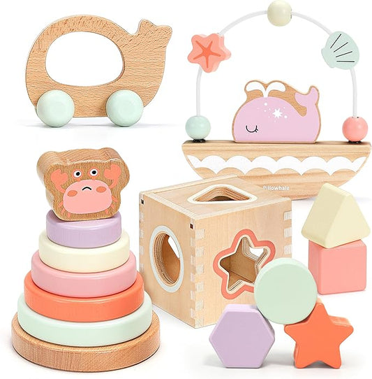 Sensory & Educational Wooden Toy Set for Toddlers 1-3 Years Old - Stacking Rings, Shape Sorter, Push Car, Bead Maze for Boys & Girl