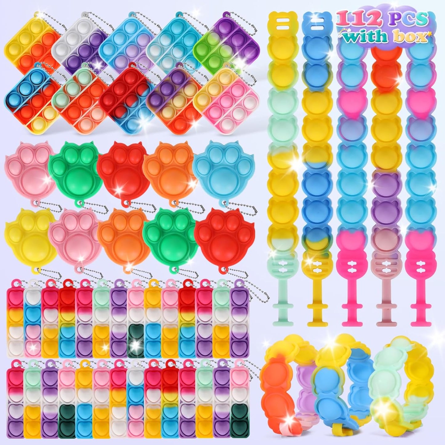 112pcs Mini Pop Fidget Toys Pack Party Favors, Silicone Cat Squeeze Pop and Pop Bracelet it Bubble Fidget Bulk Sensory Toys, Pop Keychain Bubble Toy Party Bag Fillers for Kids, Wrap Pop Toy