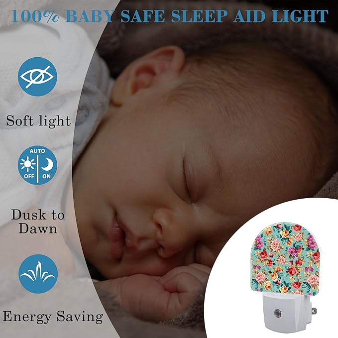 Plug in Night Lights Retro Pink Red Flowers Nightlight Plug Into Wall Dusk to Dawn Sensor LED Night Light for Kid Girls Boys Women Men Room Decor, Hallway, Kitchen, Bathroom, Nursery, Stairs