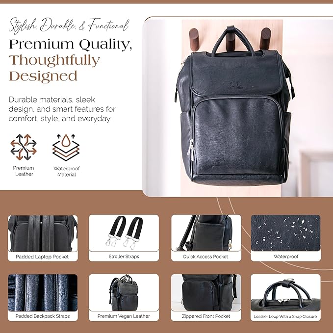 Citi Collective Explorer Black Diaper Bag Backpack - Vegan Leather Diaper Bag with Shoulder Strap, Insulated Bottle Pockets, Changing Pad, Stroller Clip- Versatile Diaper Bag for Baby