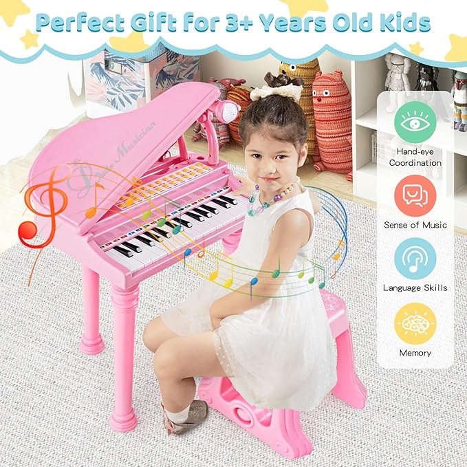Costzon Kids Piano, 31 Key Mini Grand Piano Toy Keyboard with Microphone, Stool & Lights, Portable Electronic Piano Educational Musical Instrument Toy, Birthday Gift for Toddler Boys Girls (Pink)
