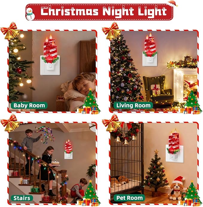 Christmas Candle Night Light Plug into Wall Swirling Glitter USB Portable Christmas Decorative Night Light Decoration for Kids Adults Bedroom Kitchen Living Room Holiday Decor (Red Candles)
