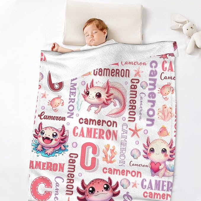 Personalized Baby Blanket for Girls Boys Kids Axolotls Custom Baby Blanket with Name Throw Birthday Gift for Toddlers Infants Shower Newborns Nursery Stroller Crib Bed Decor