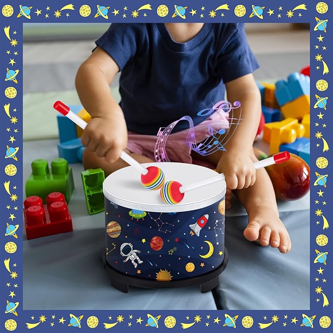 Boao Floor Tom Drum for Kids 8'' W x 6.5'' H Wooden Percussion Instrument Music Drum with 2 Rainbow Mallets Astronaut Educational Toys for Baby Children Toddler Boy Girl Birthday Gift