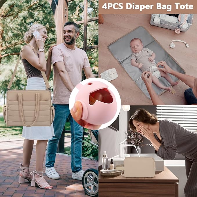 IBFUN Diaper Bag Tote for Baby - Large Baby Bag 4Pcs with Waterproof Changing Pad Pacifier Case, Travel Hospital Mommy Bag