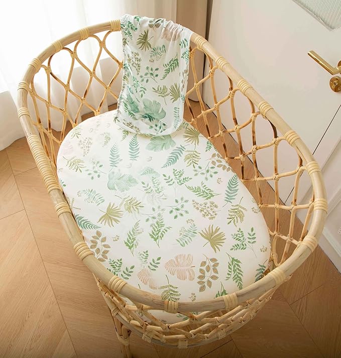 SDY 2PK Bassinet Sheets Girls Boys,Soft Microfiber Jersey Baby Bassinet Bedding 32"x16" x4" Fit Hourglass Oval Rectangle Mattress (Natural Leaves)