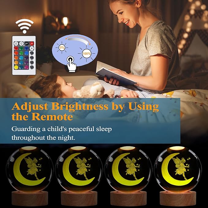 Moon Fairy Night Light, Tooth Fairy Gifts, K9 3.15 Inch (80mm) Crystal Ball Lamp with 16 Colors Remote Upgraded Lamp for Birthday Xmas Cool Fairygirl Figurines Gifts for Room Decor Boys Girls