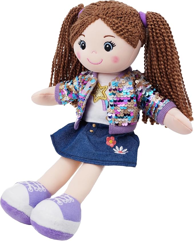 June Garden 14" Snuggle Cutie Sophie Glam - Soft Cuddly Plush Doll Gift for Girls - Huggable Rag Doll - Trendy Outfit M