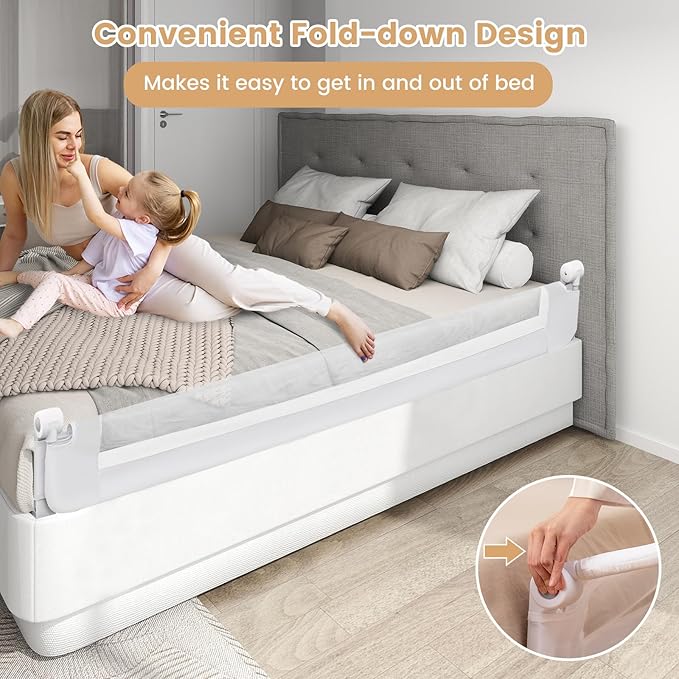 HONEY JOY Bed Rail for Toddlers, Extra Long, Foldable Portable Swing Down Safety Bed Guard Rail, Toddler Bed Rails for Crib, King Queen Full Twin Size Bed Mattress (White, 2 Pack, 71 Inch)