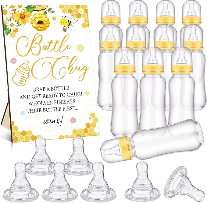 TrelaCo Cool Baby Shower Games Wooden Bottle Chug Sign Bee Theme Gift Sets and 12 Pcs Baby Bottle Shower Favor for Honeycomb Bee Games Gender Reveal