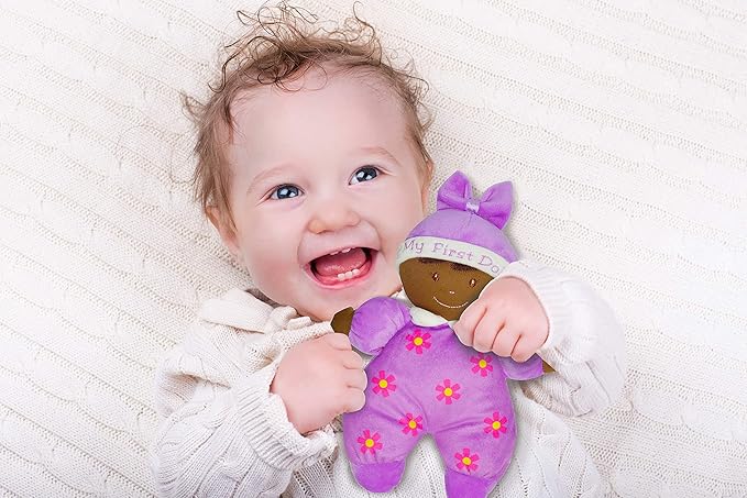 June Garden 9" My First Doll Hazel - Soft Plush Baby Doll with Rattle - Purple Outfit