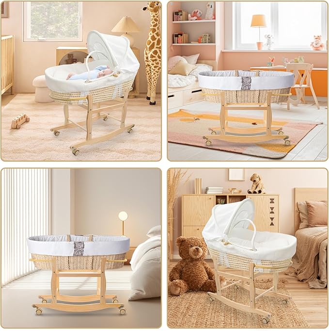 Moses Basket Stand, Bassinets Stand, Wooden Rocking Moses Baskets Stand for Baby Bassinets, Mose Basket Bassinet Stand Adjustable Bassinet Rocker with Wheels