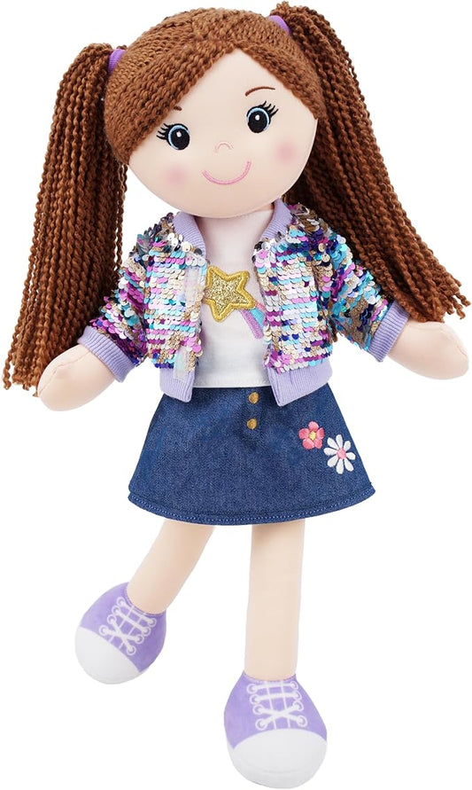 June Garden 18" Snuggle Cutie Sophie Glam - Soft Cuddly Plush Doll Gift for Girls - Huggable Rag Doll - Trendy Outfit L
