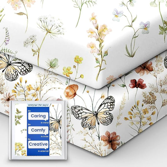 Crib Sheets for Boy Girl, Premium Soft Butterfly Crib Mattress Fitted Sheet, Ultra Breathable Baby Sheets, Super Stretchy Baby Bed Sheets 28''x52''x9'' Extra Deep Pocket, 2 Pack