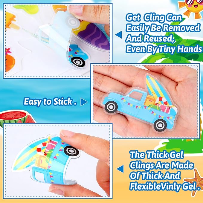 MARFOREVER 25 PCS Summer Window Thick Gel Clings Stickers Reusable Hawaiian Seasonal Window Clings Decals for Classroom Nursery Home Beach Summer Party Supplies Decorations