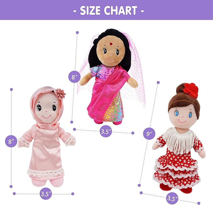 June Garden 3-Piece Multicultural Soft Dolls Set – Plush Cultural Diversity Dolls for Toddlers and Kids – Includes Flamenco Dancer, Indian Girl, and Hijabi Girl – 7” Plush Figures for Pretend Play