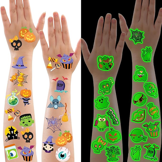 JOYIN 306 Pcs Halloween Tattoos for Kids, Glowing Temporary Tattoos in Assorted Designs Bulk for Child Trick or Treat Gifts Halloween Party Favor Decorations Goodie Bags Supplies Class Game Prizes