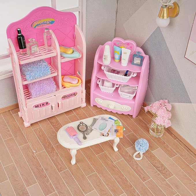 74Pcs Dollhouse Acessories Furniture Mini Cabinet with Drawers Case Handbag Towel Cosmetic Set Bathroom Toothbrush Shampoo Hair Dryer Comb Purse Decor DIY Doll Backpack Girl Micro Scene Makeup