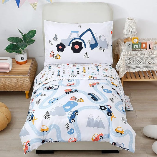 PERFEMET Car Toddler Bedding Kids 4 Pieces Bed in A Bag for Boys Vehicles Truck Toddler Girl Comforter Sets with Bed Sheets Modern Bedroom Collection, White