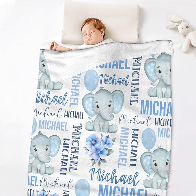 Personalized Baby Blanket for Girls Boys Kids Elephant Custom Baby Blanket with Name Throw Birthday Gift for Toddlers Infants Shower Newborns Nursery Stroller Crib Bed Decor