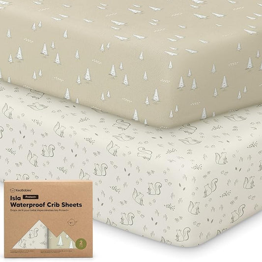 2-Pack Waterproof Baby Crib Sheets for Boys, Girls - 52x28 Viscose Derived from Bamboo Toddler Bed Sheet Neutral, Fitted Crib Mattress Protector Cover for Baby Bedding, Soft & Gentle (Pine Grove)