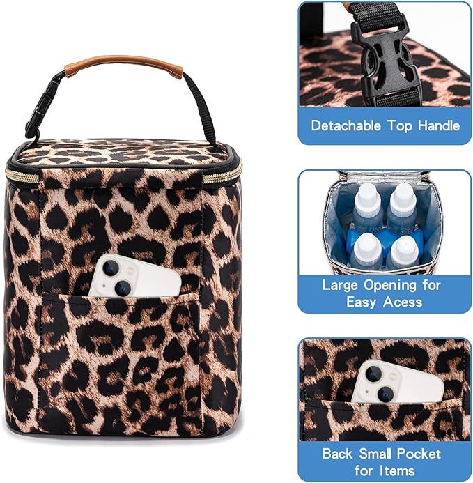 BreastMilk Cooler Bag with Ice Pack Fits 4 Baby Bottles Up to 9 Ounce, Baby Bottle Bag for Nursing Mom Daycare-Leopard Print